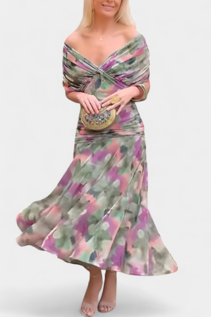 Laluna | Long Dress with Floral Print and V-Neckline