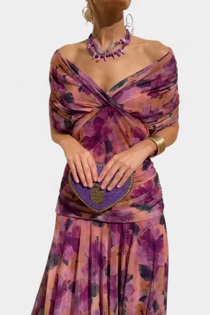 Laluna | Long Dress with Floral Print and V-Neckline