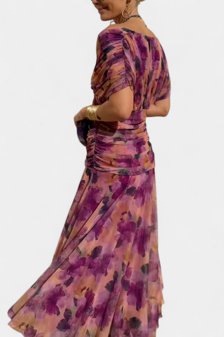 Laluna | Long Dress with Floral Print and V-Neckline