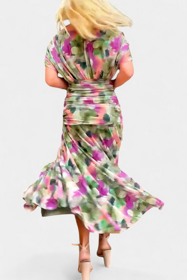 Laluna | Long Dress with Floral Print and V-Neckline