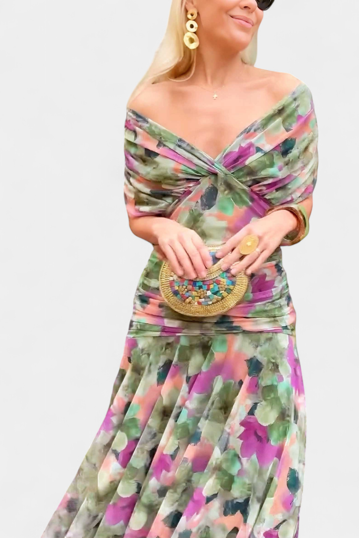 Laluna | Long Dress with Floral Print and V-Neckline