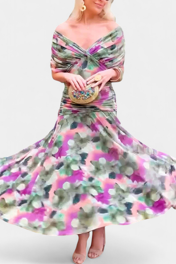 Laluna | Long Dress with Floral Print and V-Neckline