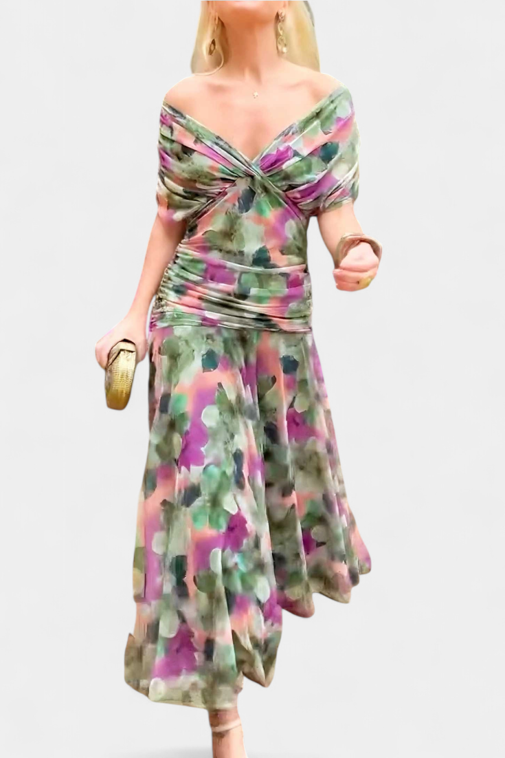 Laluna | Long Dress with Floral Print and V-Neckline