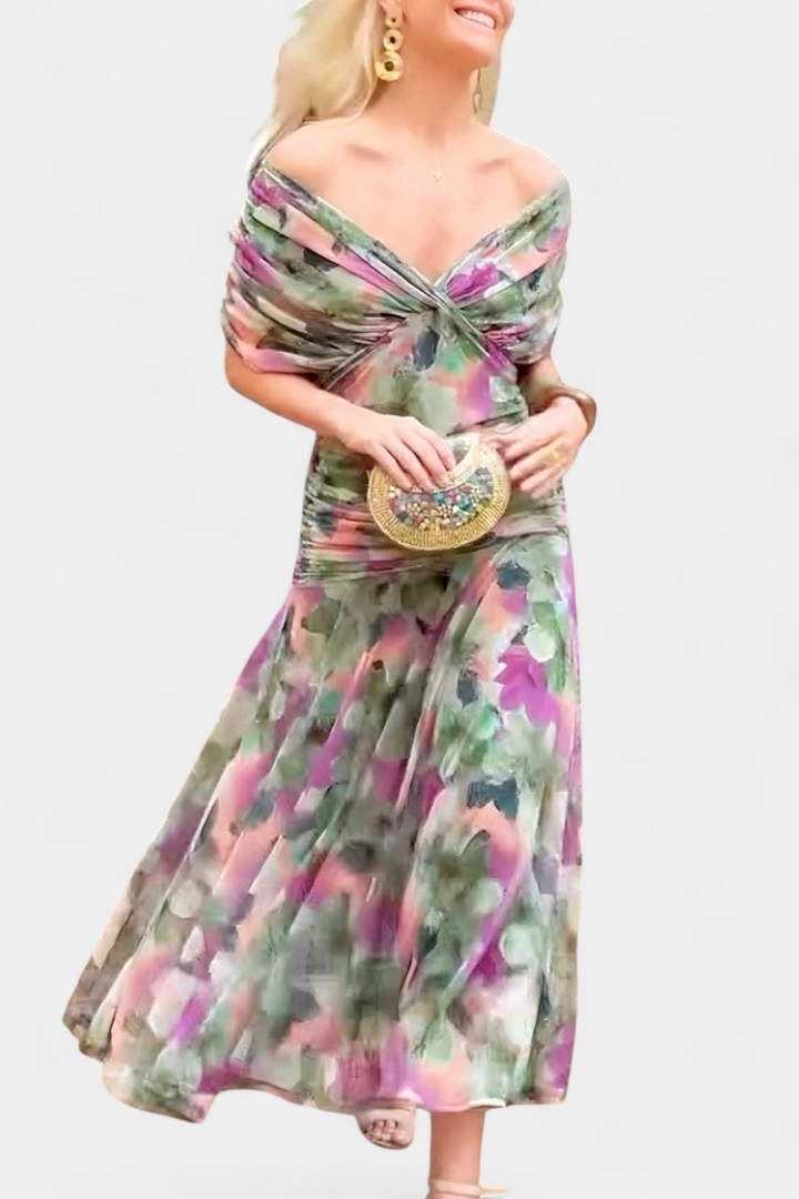 Laluna | Long Dress with Floral Print and V-Neckline